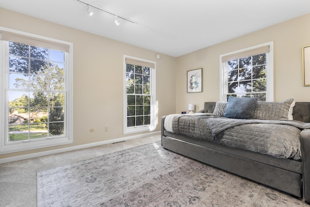 carpeted bedroom with track lighting