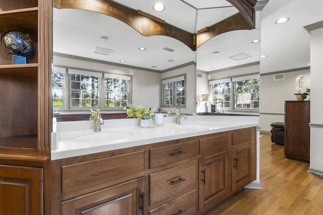 bathroom featuring wood-type flooring, ornamental molding, and vanity