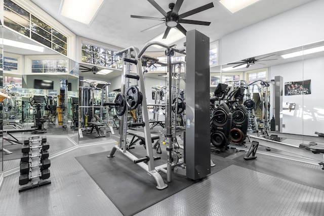 exercise room featuring ceiling fan and a healthy amount of sunlight