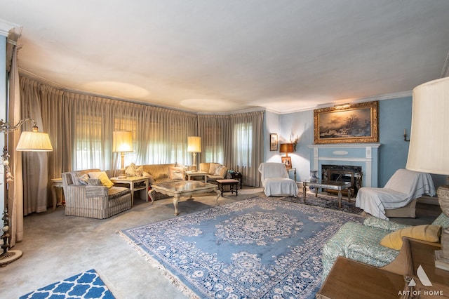 living room with ornamental molding and carpet