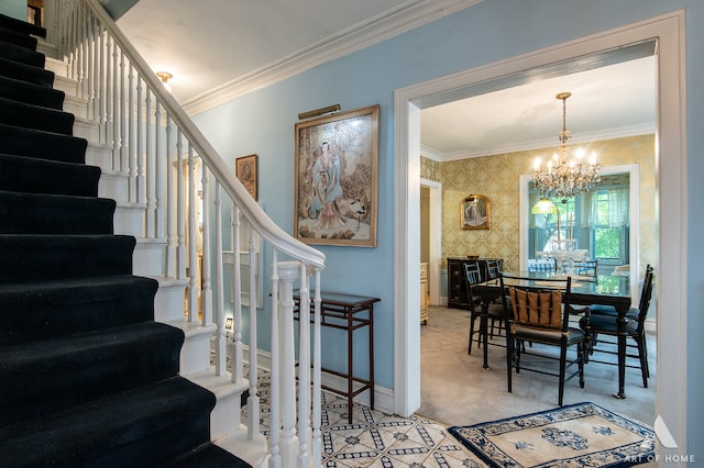 stairway featuring carpet flooring, a notable chandelier, and crown molding