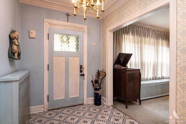 foyer with light carpet, an inviting chandelier, and crown molding