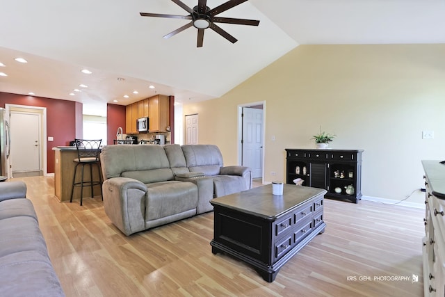 1214 Jerome Ct E, Antioch, IL 60002 - living room with ceiling fan, light wood finished floors, recessed lighting, and high vaulted ceiling