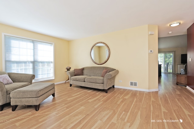 living room with a healthy amount of sunlight and light hardwood / wood-style flooring