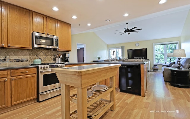 1214 Jerome Ct E, Antioch, IL 60002 - kitchen with appliances with stainless steel finishes, a peninsula, healthy amount of natural light, open floor plan, and lofted ceiling