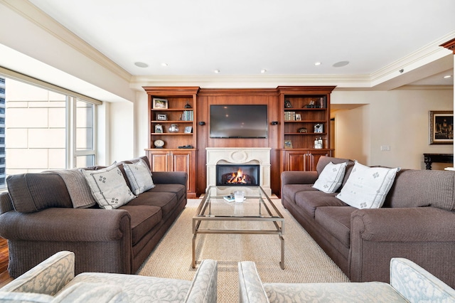 living room featuring crown molding and light hardwood / wood-style flooring