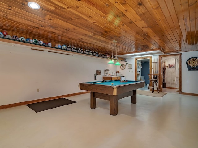 rec room featuring pool table and wooden ceiling