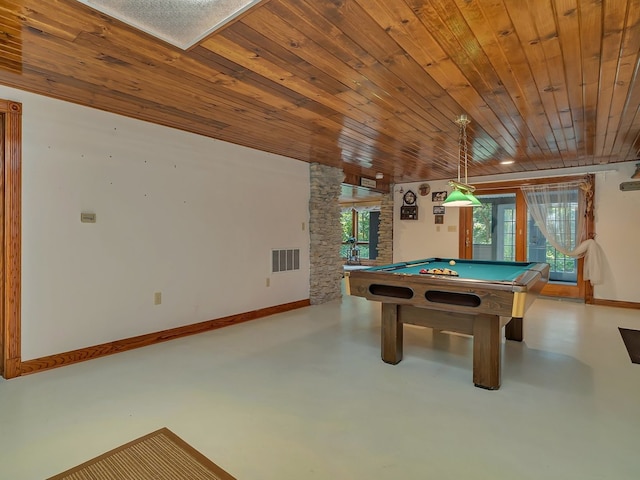 recreation room with wooden ceiling and pool table