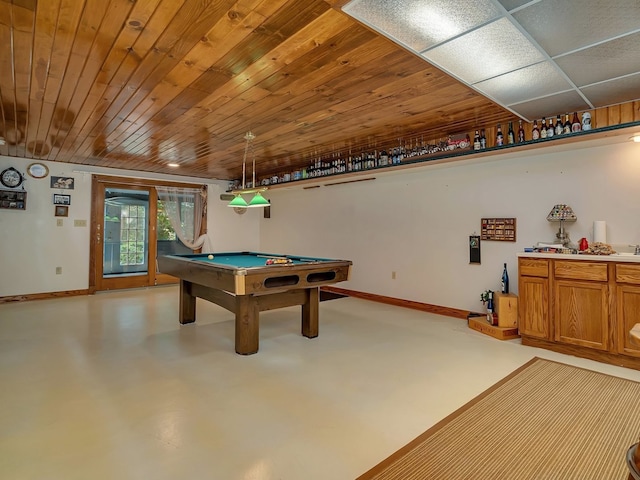 game room with wooden ceiling and pool table