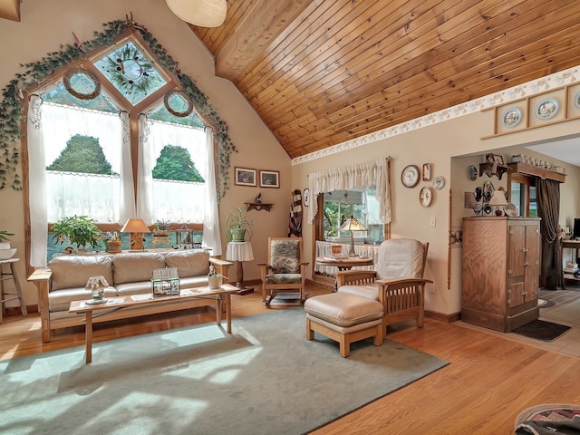 living room with high vaulted ceiling, hardwood / wood-style flooring, a wealth of natural light, and wooden ceiling