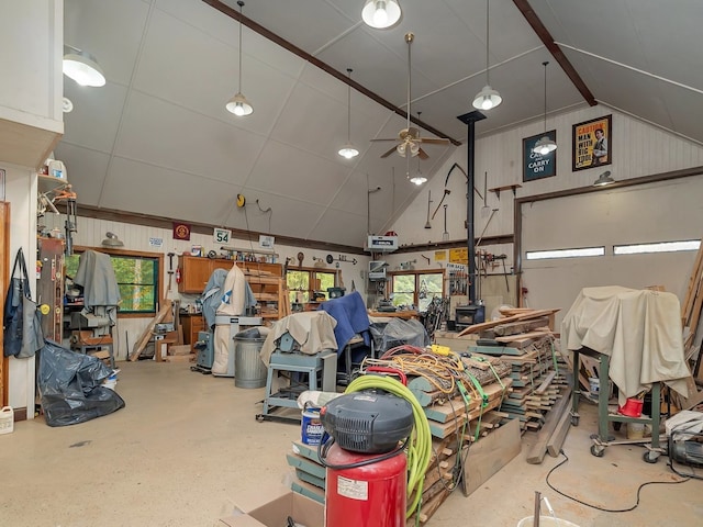 garage featuring ceiling fan