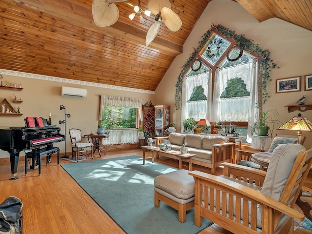 living room with wooden ceiling, light hardwood / wood-style flooring, high vaulted ceiling, a wall mounted AC, and ceiling fan