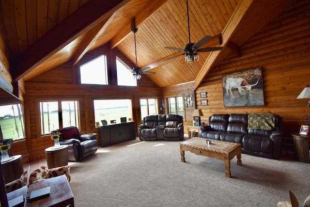 living area featuring high vaulted ceiling, carpet, wood ceiling, and beam ceiling