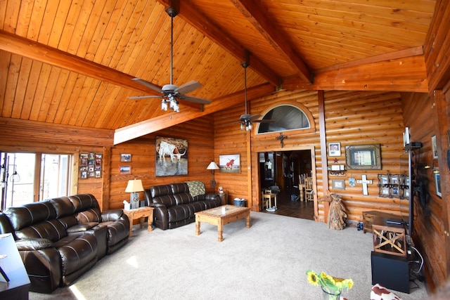 living room featuring ceiling fan, wooden ceiling, carpet flooring, vaulted ceiling with beams, and log walls