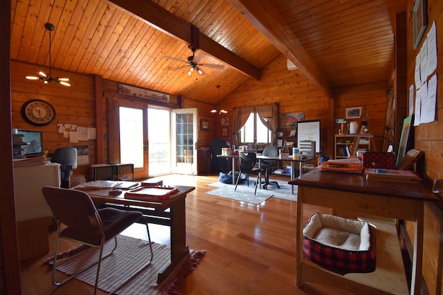 home office featuring lofted ceiling with beams, a ceiling fan, wood ceiling, wooden walls, and wood-type flooring