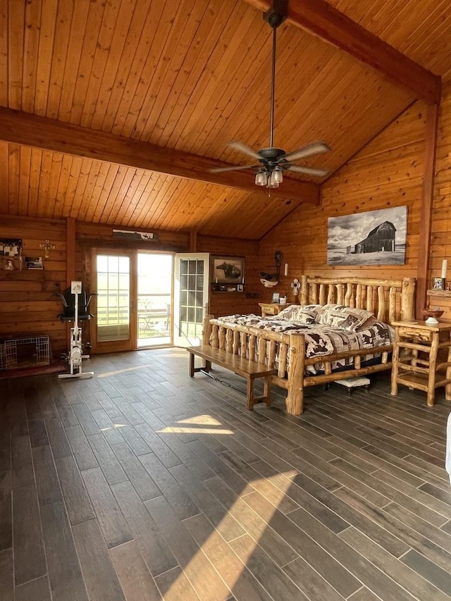bedroom featuring wood ceiling, wooden walls, hardwood / wood-style floors, and vaulted ceiling with beams