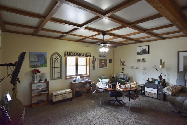 office area featuring coffered ceiling, a ceiling fan, beam ceiling, and carpet floors