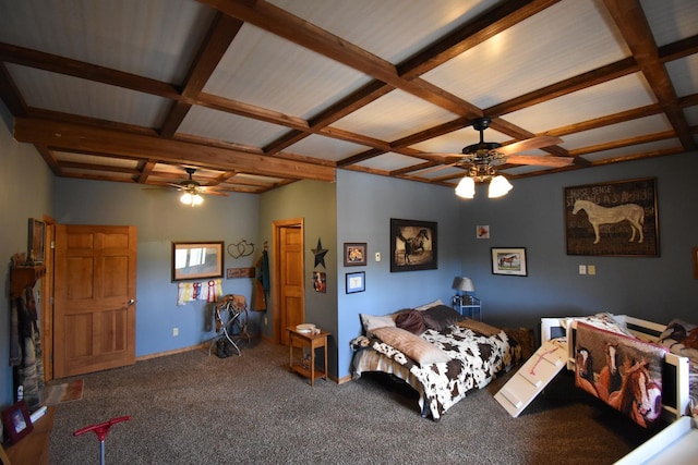 bedroom featuring coffered ceiling, beamed ceiling, and carpet floors