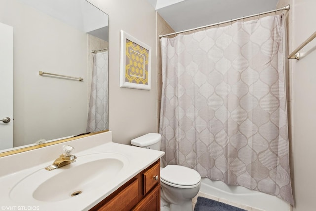 full bathroom featuring vanity, shower / bath combination with curtain, and toilet