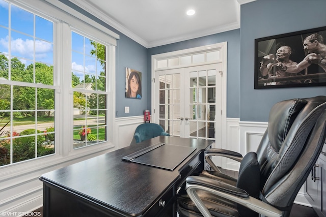 office space with crown molding and french doors