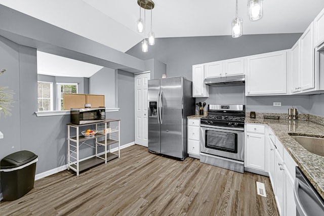 306 Hidden Creek Ln, North Aurora, IL 60542 - kitchen with light hardwood / wood-style floors, vaulted ceiling, stainless steel appliances, and white cabinets