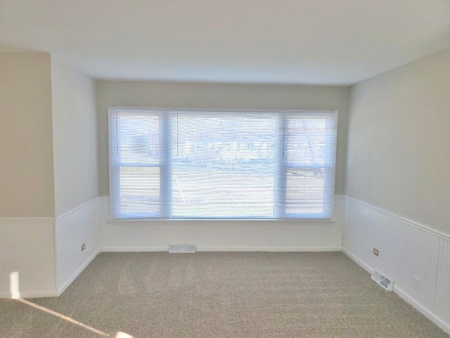 carpeted spare room with wood walls