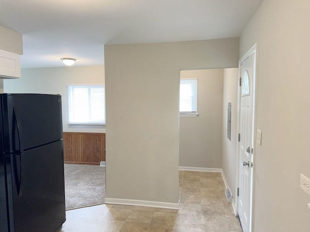 carpeted empty room with wood walls and a healthy amount of sunlight