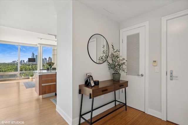 hall featuring light wood-style floors, a view of city, and baseboards