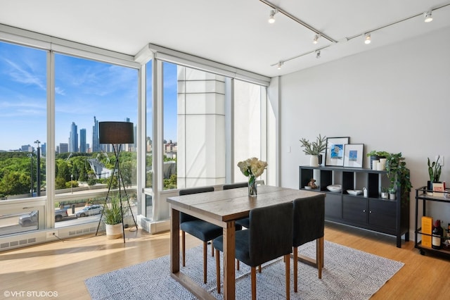 dining room featuring floor to ceiling windows, a city view, and wood finished floors