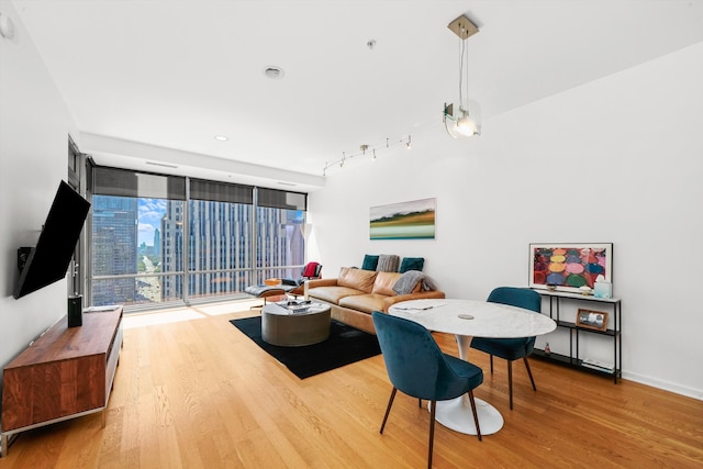 living room featuring hardwood / wood-style flooring, expansive windows, and track lighting