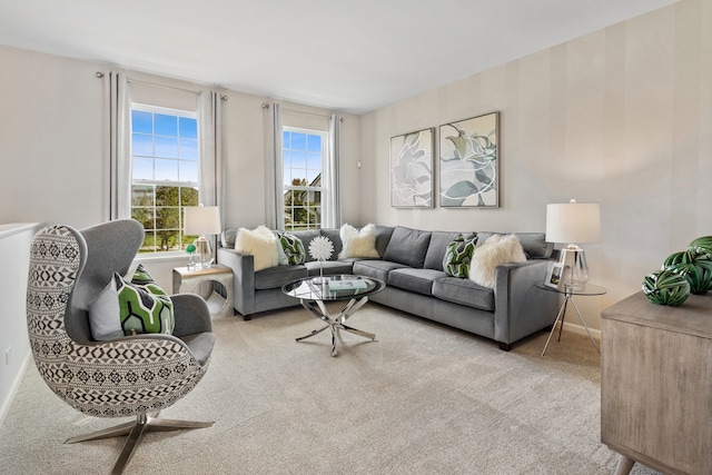 living room with light colored carpet