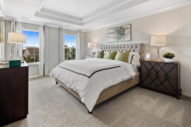 carpeted bedroom with a raised ceiling and ornamental molding