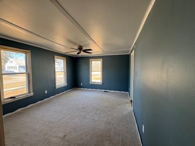 unfurnished room featuring a ceiling fan, carpet, and ornamental molding