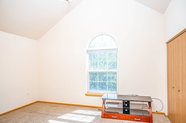 interior space featuring a healthy amount of sunlight, light carpet, and high vaulted ceiling