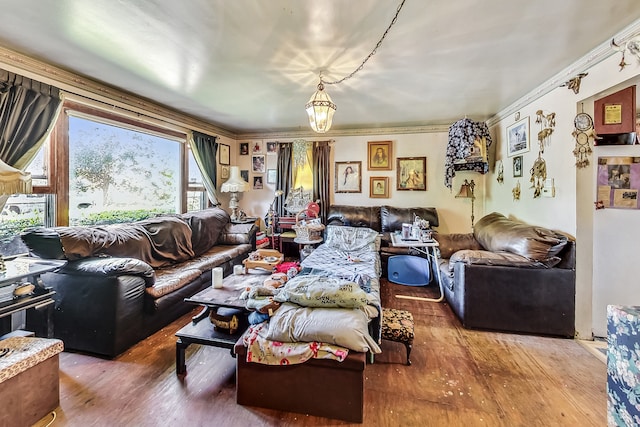 living room with wood-type flooring and crown molding