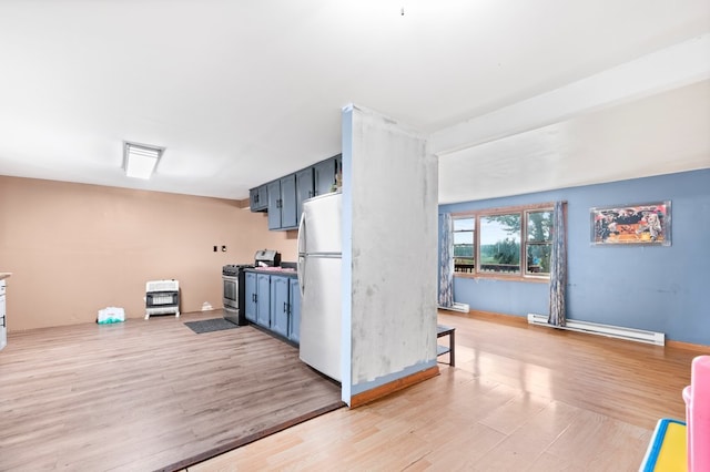 kitchen featuring light hardwood / wood-style flooring, white refrigerator, a baseboard radiator, blue cabinets, and double oven range