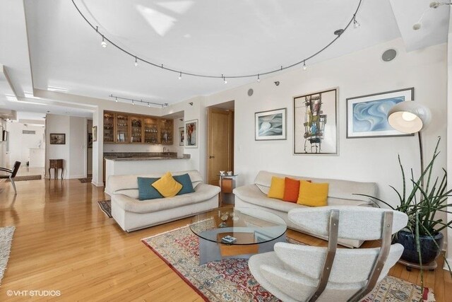 living room featuring rail lighting and light hardwood / wood-style floors