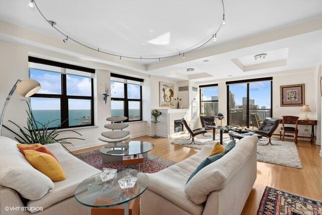 living room with a tray ceiling, light hardwood / wood-style flooring, a water view, and track lighting