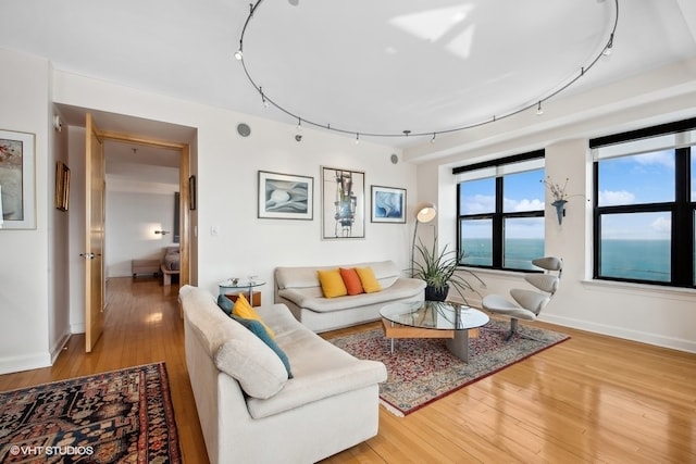 living room featuring light hardwood / wood-style floors, a water view, and track lighting