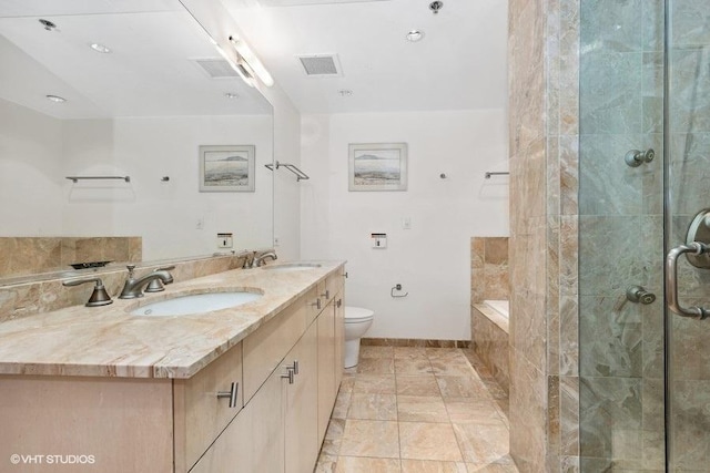 full bathroom with vanity, toilet, and plus walk in shower