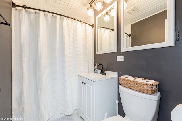 bathroom with toilet, curtained shower, vanity, and wooden ceiling