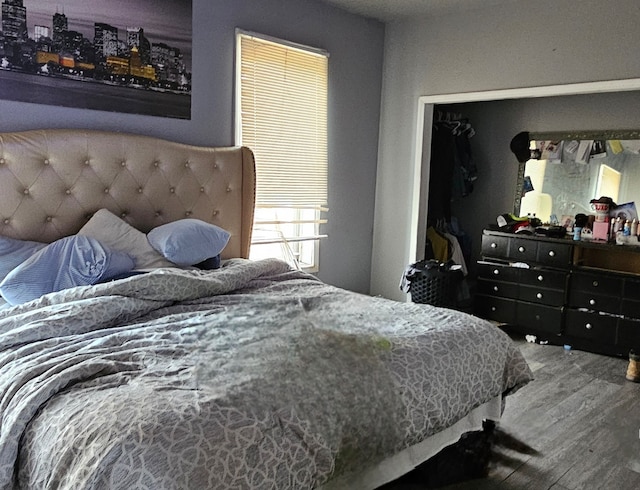 bedroom featuring hardwood / wood-style flooring, a closet, and multiple windows