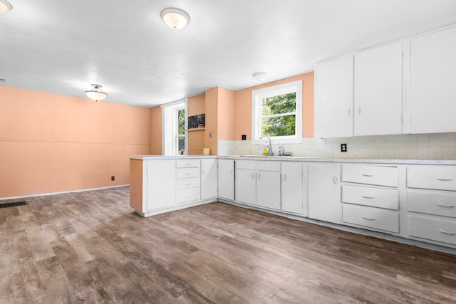 kitchen featuring sink, white cabinets, kitchen peninsula, decorative backsplash, and hardwood / wood-style floors