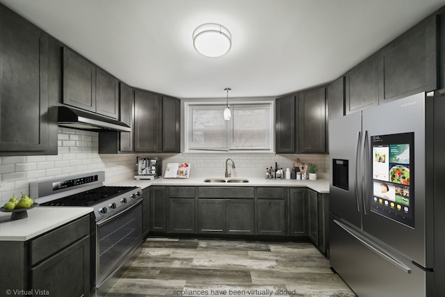 kitchen with sink, hanging light fixtures, stainless steel appliances, light hardwood / wood-style floors, and backsplash