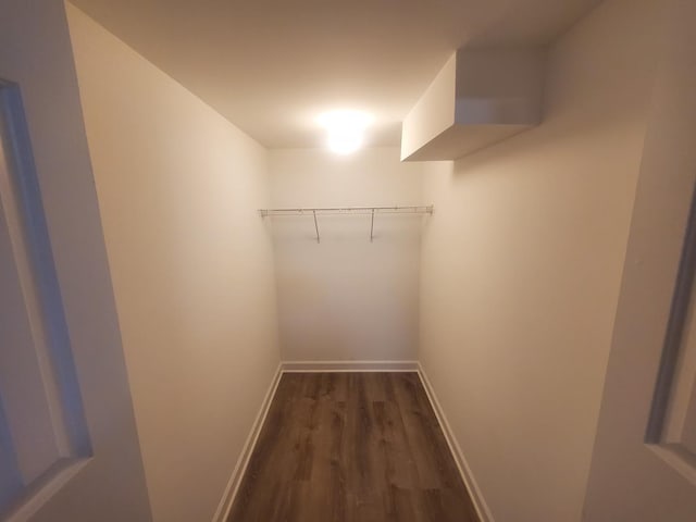 walk in closet with dark wood-type flooring