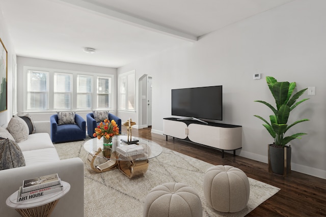 living room with dark wood-type flooring and beam ceiling