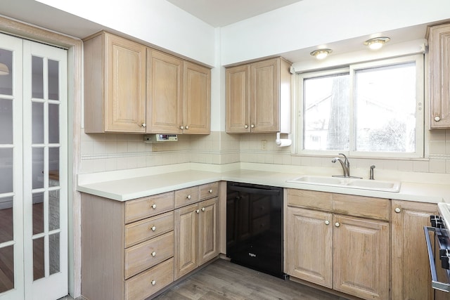 kitchen featuring range, dishwasher, dark hardwood / wood-style flooring, sink, and backsplash