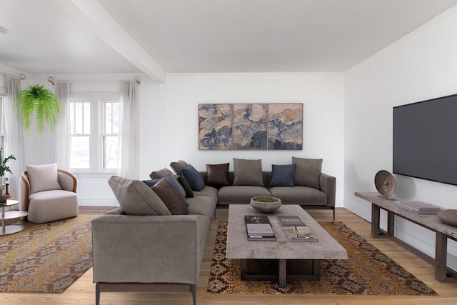 living room with wood-type flooring and beamed ceiling