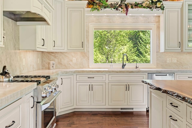 kitchen featuring sink, gas range oven, custom range hood, and dark hardwood / wood-style flooring