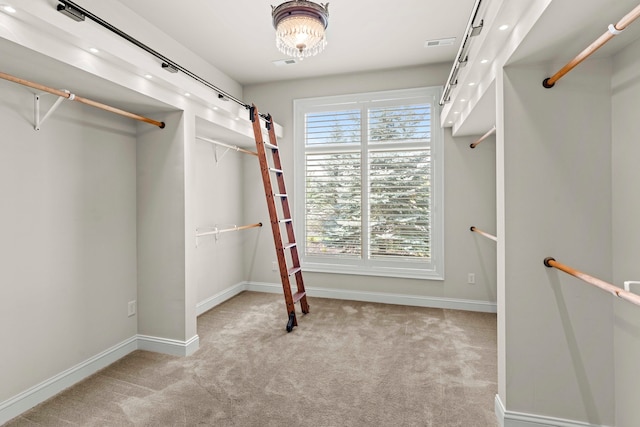 walk in closet with light carpet